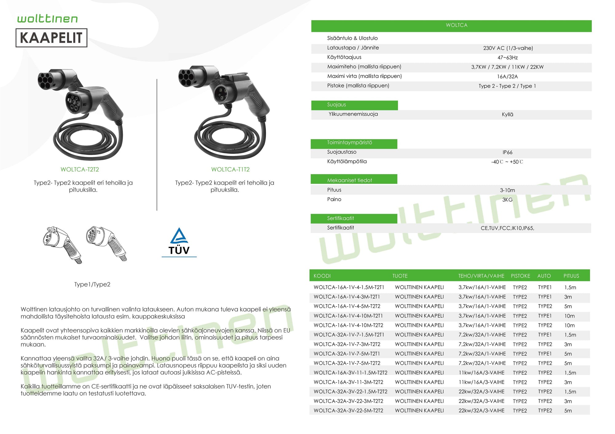 Wolttinen Latausjohto Type2-Type2 - autonlataus.com